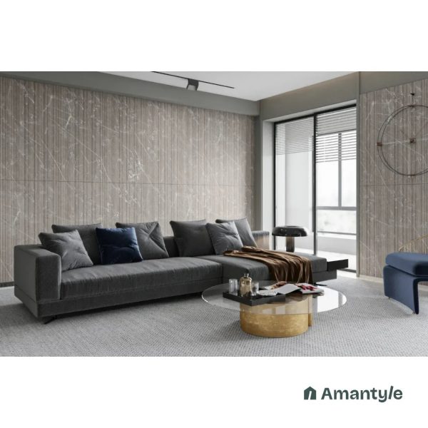 Grey Vitrified Marble Matt & Carving Fluted Slab Wall Tile Code 100444 (600x1200 mm, Fluted Matt)